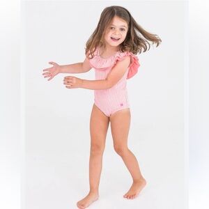 RuffleButts Seersucker Scoopback Ruffle One Piece Swimsuit